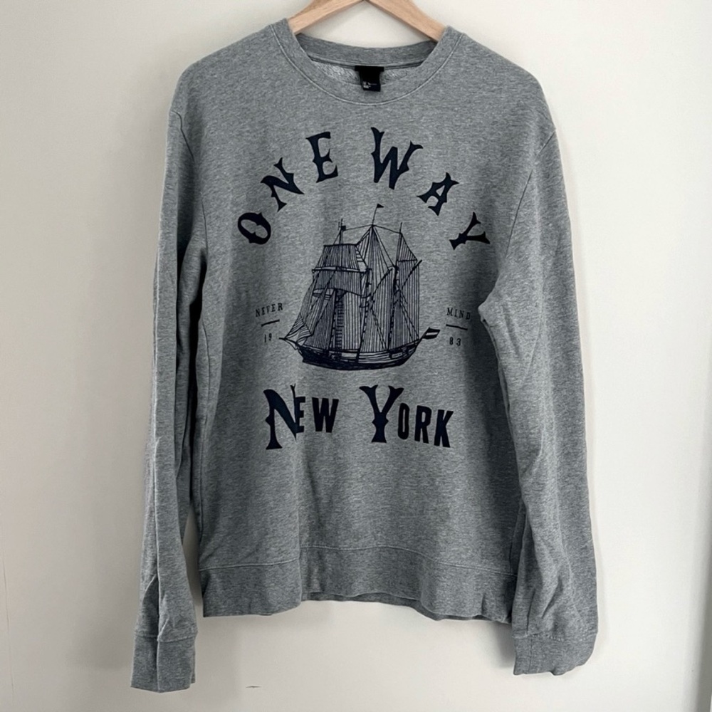 Gray Oversized Nautical One Way New York Crewneck Sweatshirt Size Large - Picture 2 of 8